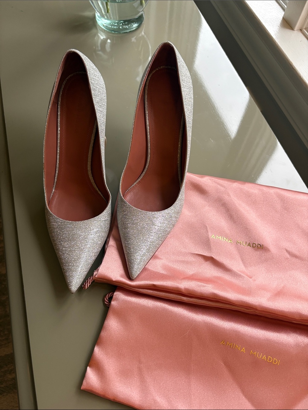 Amina Muaddi Silver Glitter Pointed Pumps with Pink Dust Bags